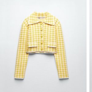 Yellow houndstooth cardigan sweater jacket with buttons